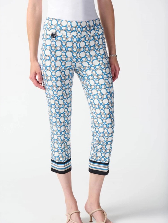 Joseph Ribkoff Pants - Joseph Ribkoff Blue and White Geometric Cropped Pants